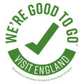 Icon with green tick and text 'We're good to go; Visit England'