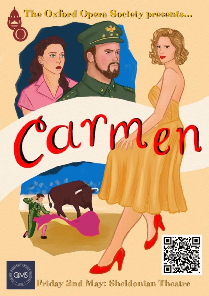 A cartoon poster with the lead character, soldier, soldier's wide, and bullfighting in Carmen