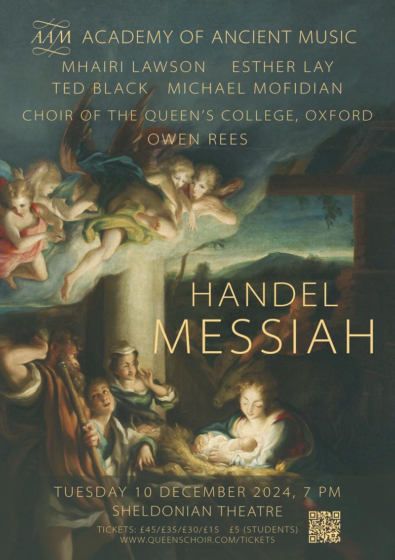 A poster for Choir of Queen's College and Academy of Ancient Music, with full performer details and ticketing information, with a painting of the birth of Christ in the background