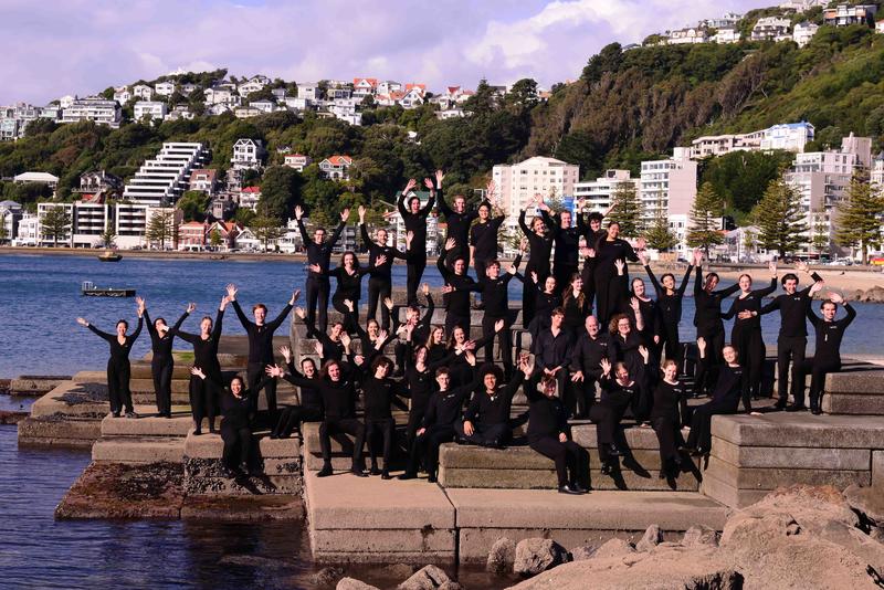 new zealand youth choir posed on rocks in harbour