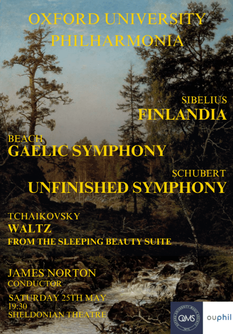 Oxford University Philharmonia poster with tree background and repertoire details