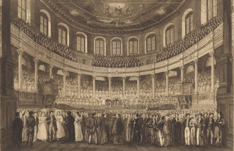 Image of a historical engraving of the interior of Sheldonian Theatre