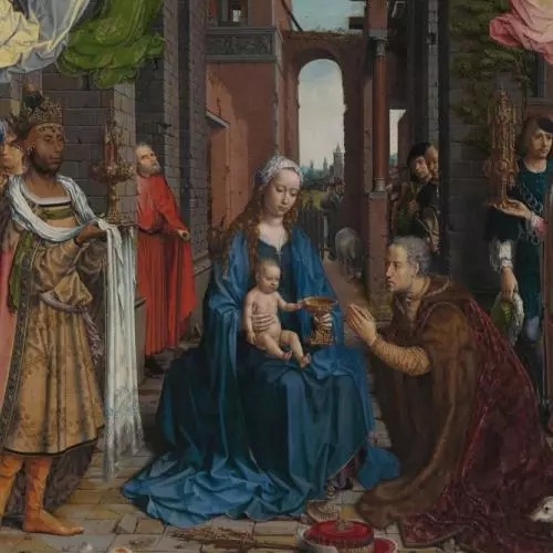 Medieval painting displaying Mary and the baby Jesus with lots of visitors