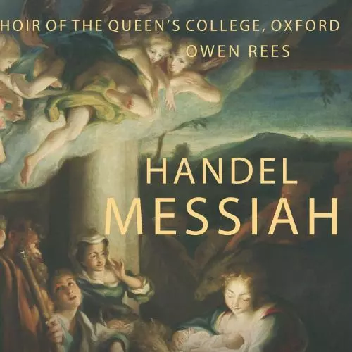 Oil painting with cherub angels flying in the sky and Mary holding the baby Jesus with font saying 'Handel Messiah' over it